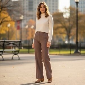 WILLI SMITH Wool High Rise Wide Leg Herringbone Print Pants Brown Gold Size 8